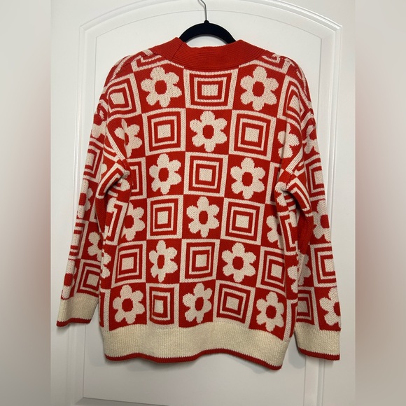 Zara Orange Jacquard Floral Geometric Chunky Knit Sweater Size S retro cozy 70s - Picture 4 of 13